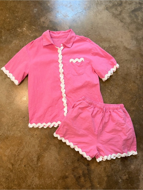 Amazon Pants - Pink Two-Piece Women's Set with White Ric Rac Trim Cotton Beach Summer S Preppy